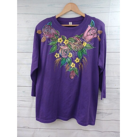 Vtg 3D Hand painted Floral Roses Purple T Shirt One Size - Picture 1 of 9